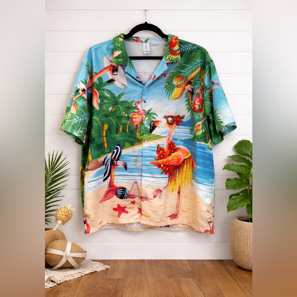 🌴🔥 Men’s Tropical Flamingo Hawaiian Shirt XL Beach Vacation Button Up - Picture 2 of 4